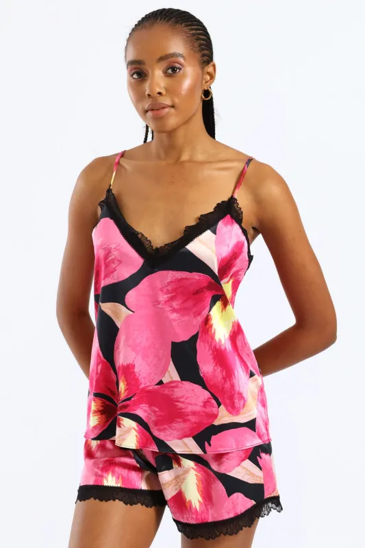 Lace Trim Floral Satin Cami & Short Set - Black/Pink sold by Edgars