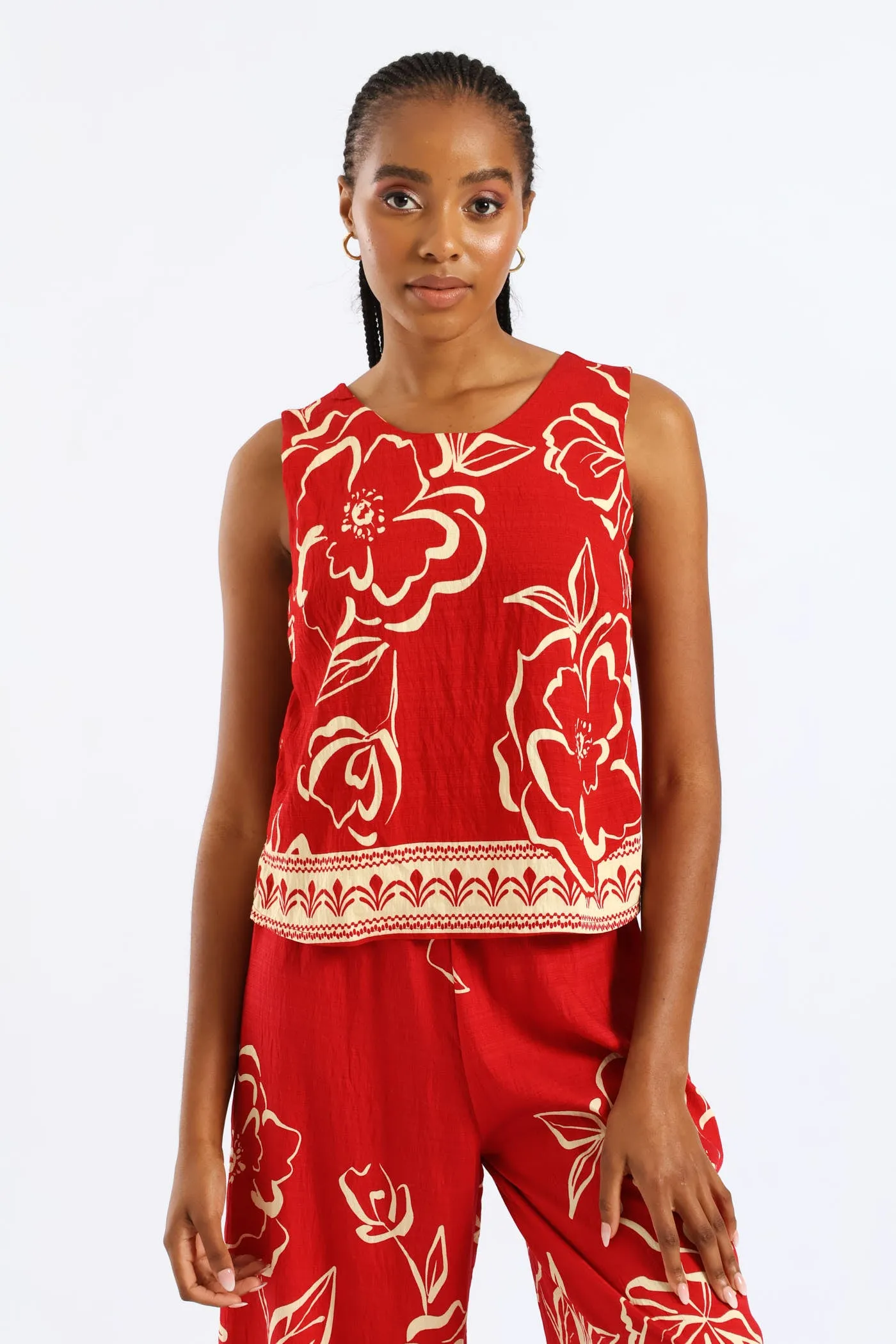 Tropical Border Print Shell Tank - White/Red sold by Edgars