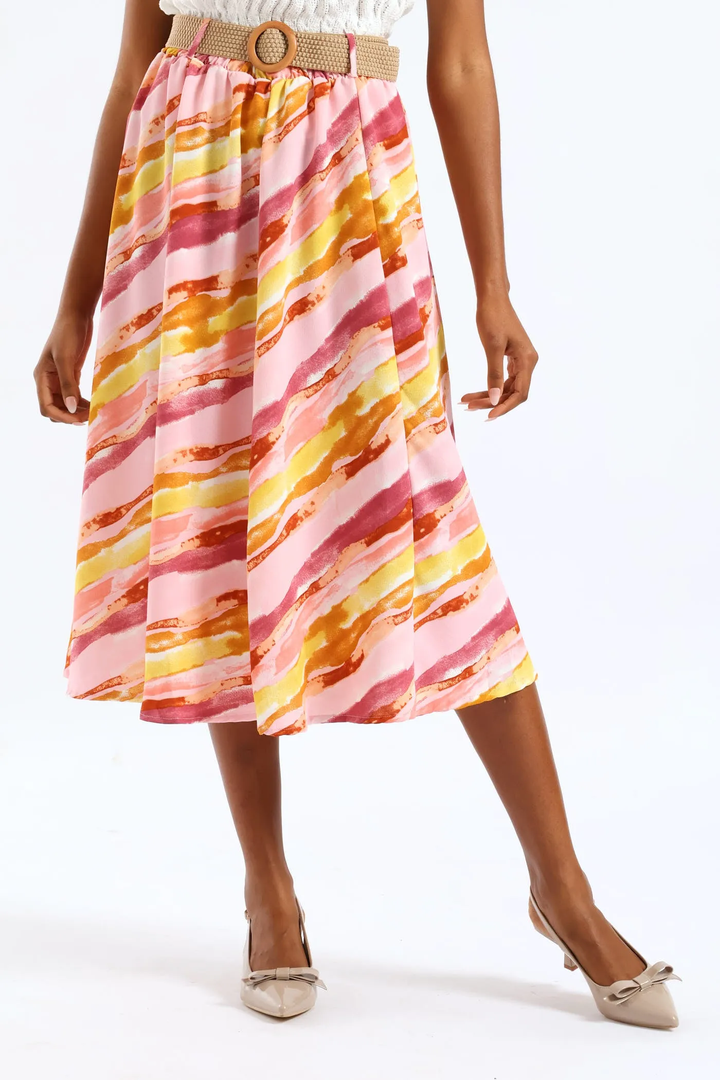 Rafia Belted Pleated Tie-Dye Midi Skirt - Blush sold by Edgars