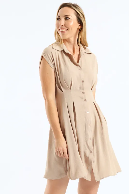 Button Through Pleated Bodice Mini Dress - Stone sold by Edgars