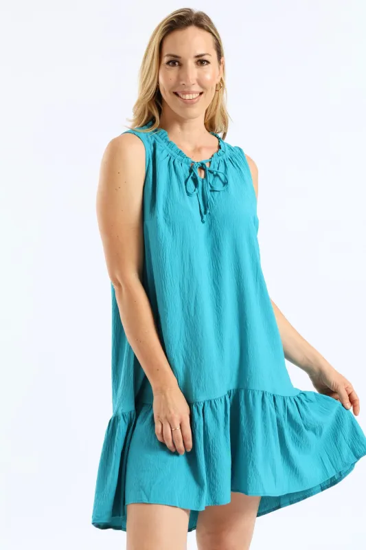 Frill Neck Drop Hem Dress - Turquoise sold by Edgars