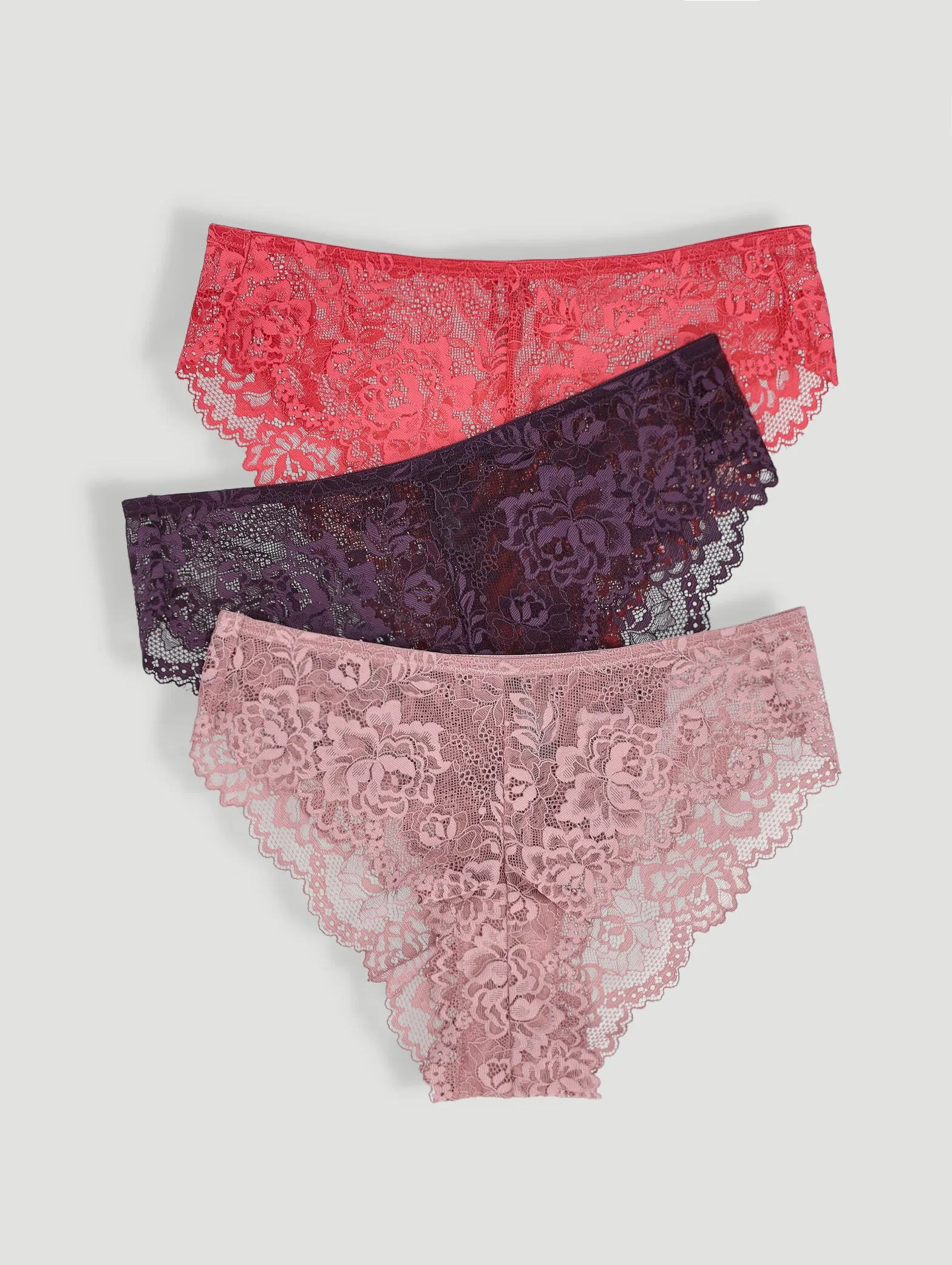 3 Pack Lace Brazilian Panties - Blush/Plum/Rose sold by Edgars