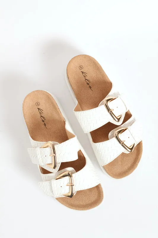 Weaved Strap Shaped Buckle Flatform Mule Sandal - White sold by Edgars