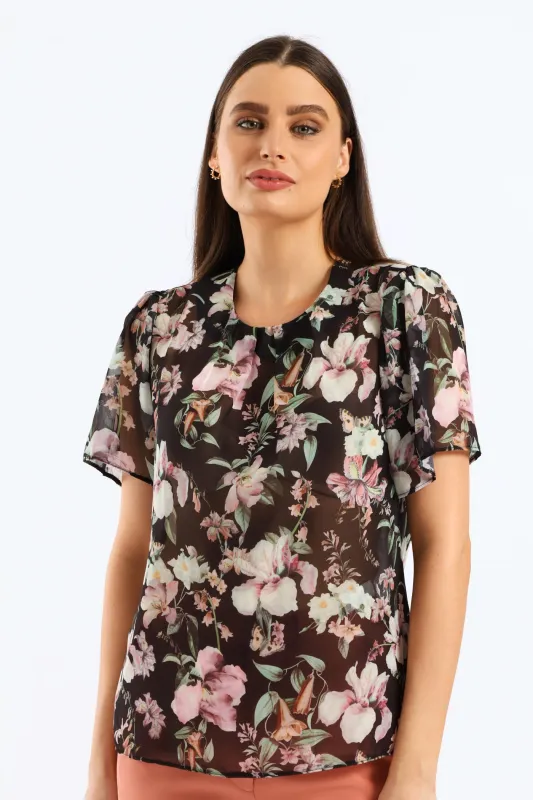 Pleat Neck Flutter Sleeve Blouse - Black sold by Edgars