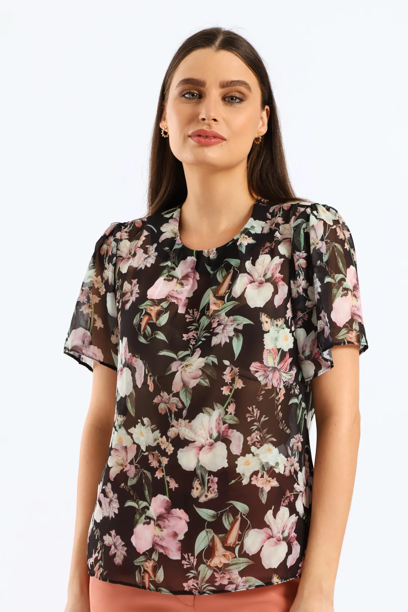 Pleat Neck Flutter Sleeve Blouse - Black sold by Edgars