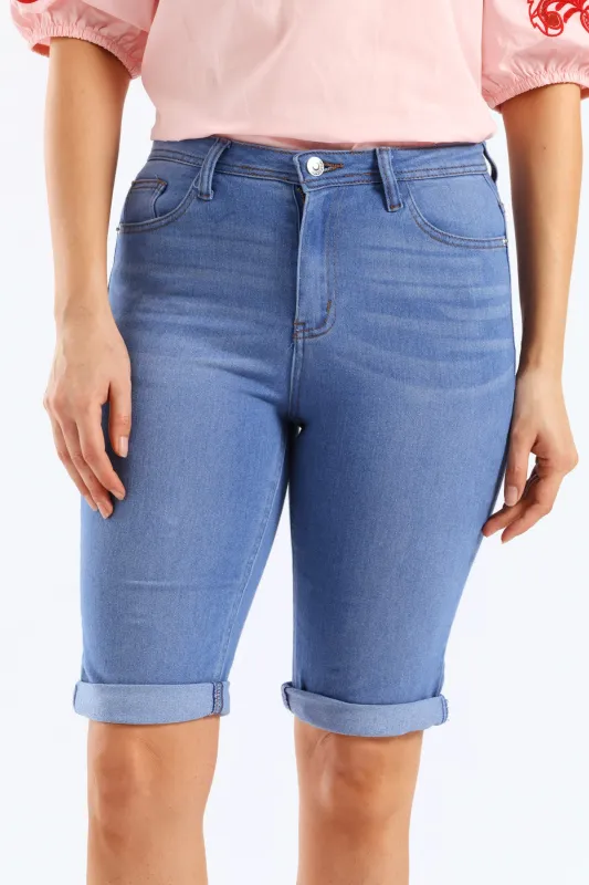 Classic Roll Hem Bermuda Supersoft Denim Short - Light Periwinkle sold by Edgars