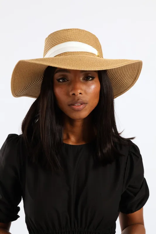 White Ribbon Tie Boater Hat - Beige sold by Edgars