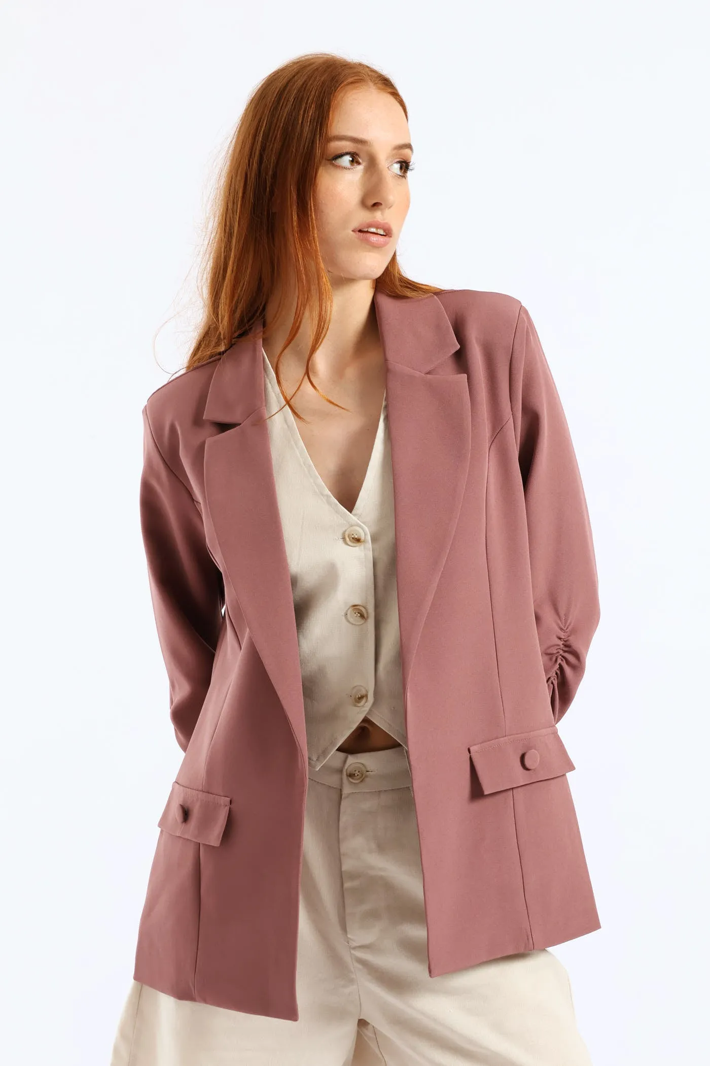 Ruched Sleeve Pocket Button Blazer - Mauve sold by Edgars