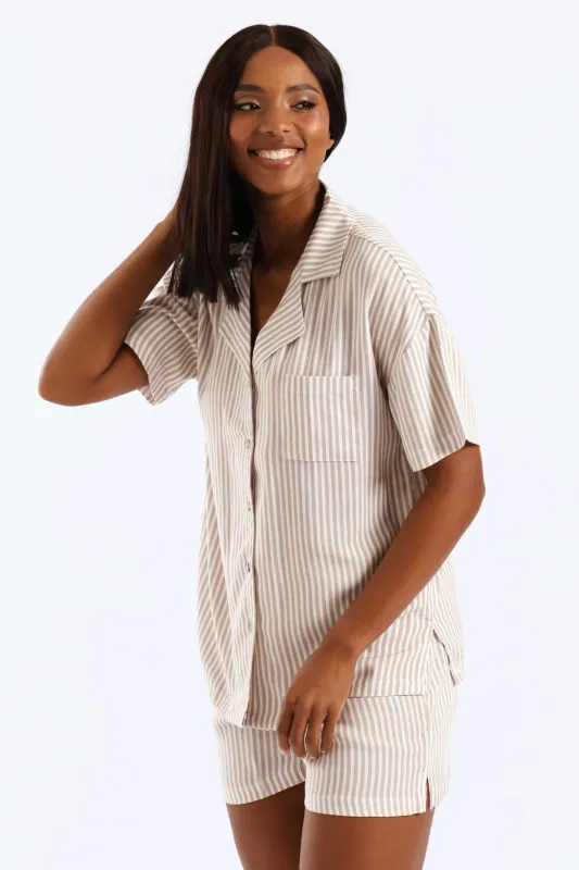 Short Sleeve Stripe Button Through Linen Short Set - Brown sold by Edgars