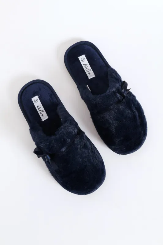 Satin Bow Detail Closed Toe Slipper - Navy sold by Edgars