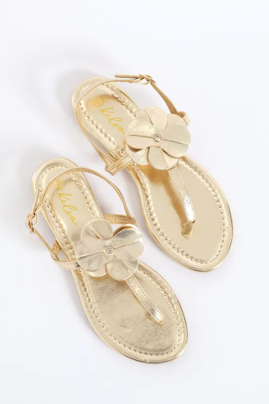 Flower Detail T-Bar Thong Sandal - Gold sold by Edgars