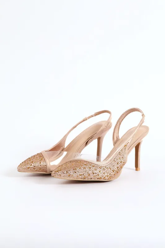 Vinyl Asymmetrical Side Diamante Mule Heel - Gold sold by Edgars