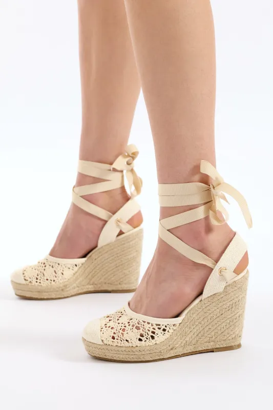 Crochet Closed Toe Lace Up Wedge Heel - Stone sold by Edgars