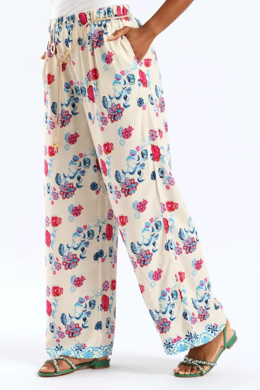 Braided Belt Tropical Floral Border Pullon Wideleg Pants - Pink/Blue sold by Edgars