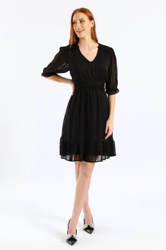 V-Neck Puff Sleeve Waist Tea Dress - Black sold by Edgars