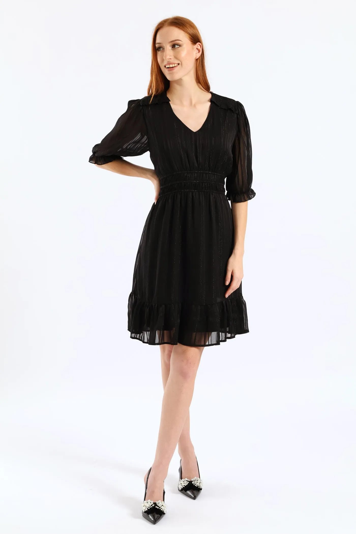 V-Neck Puff Sleeve Waist Tea Dress - Black sold by Edgars