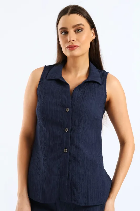 Crinkle Collared Shirt - Navy sold by Edgars