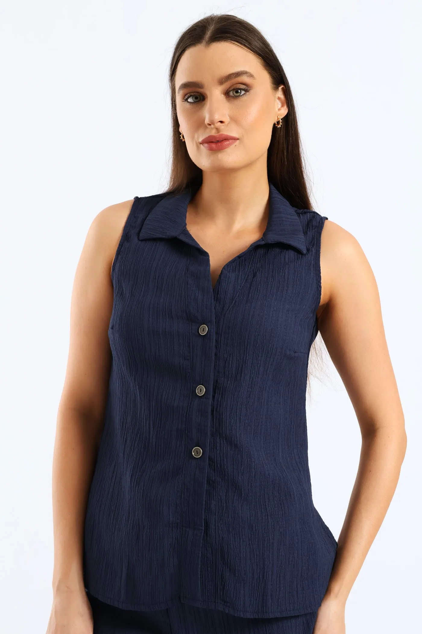 Crinkle Collared Shirt - Navy sold by Edgars