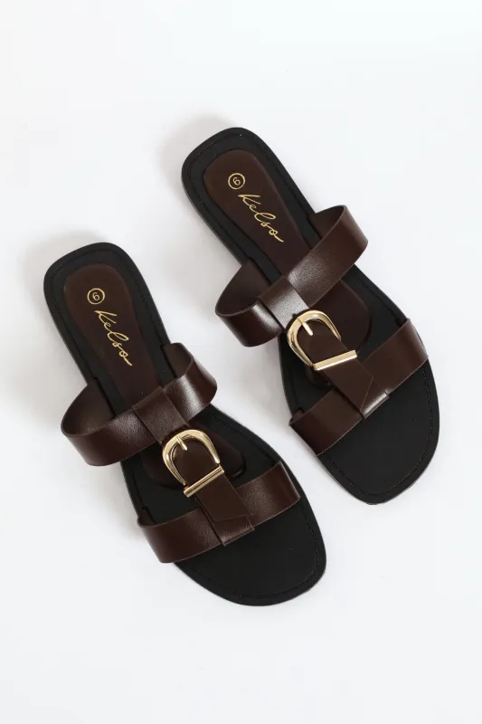 Buckle Detail T-Bar Mule Sandal - Chocolate sold by Edgars
