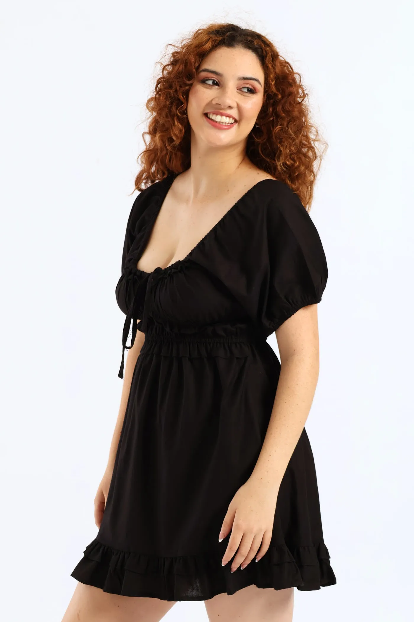 Linen Tie Front Mini Dress - Black sold by Edgars