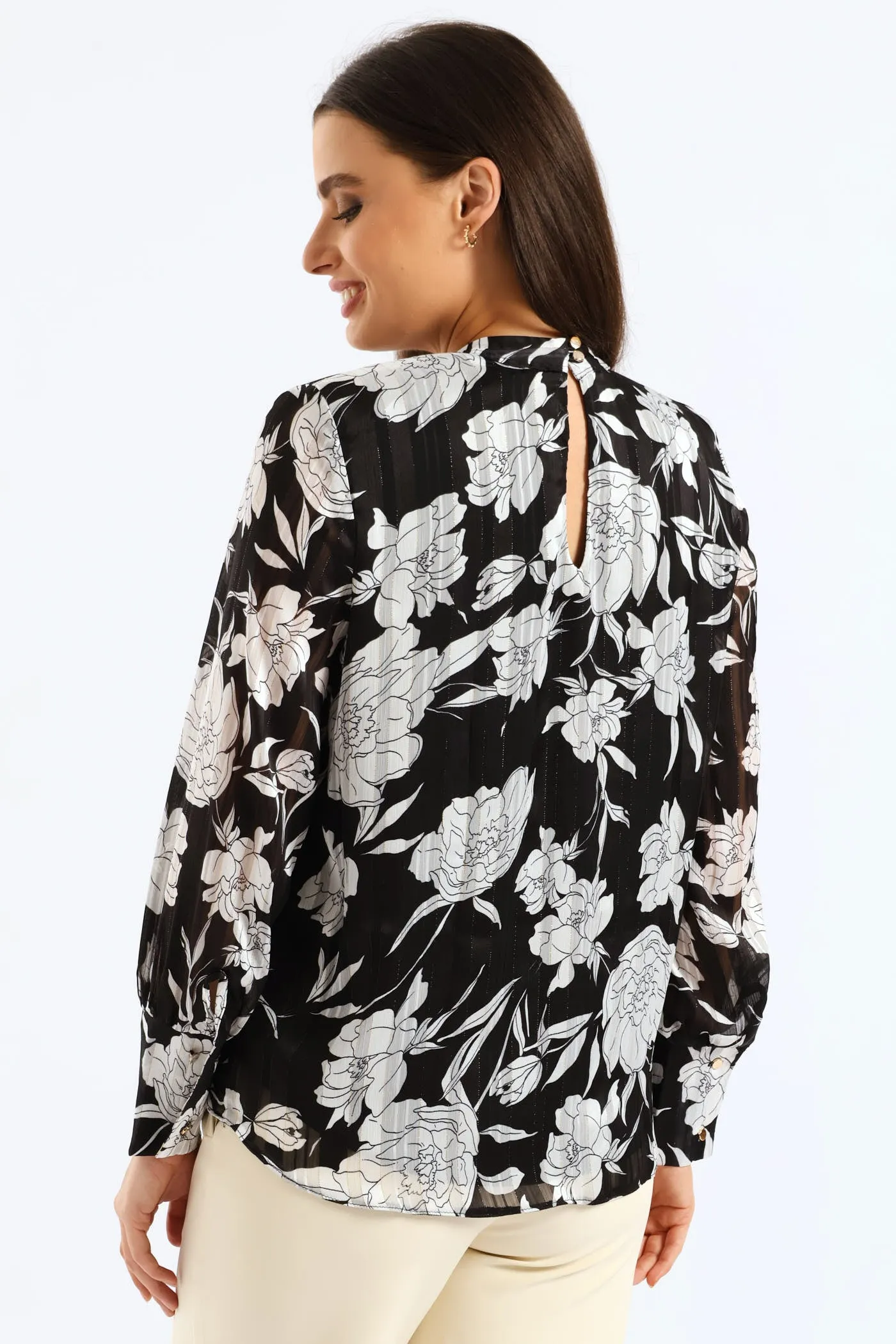 Hi Neck Keyhole Monochrome Floral Blouse - Black/White sold by Edgars product image thumbnail 2