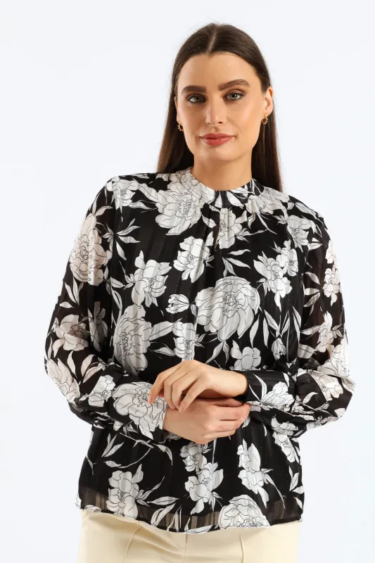Hi Neck Keyhole Monochrome Floral Blouse - Black/White sold by Edgars