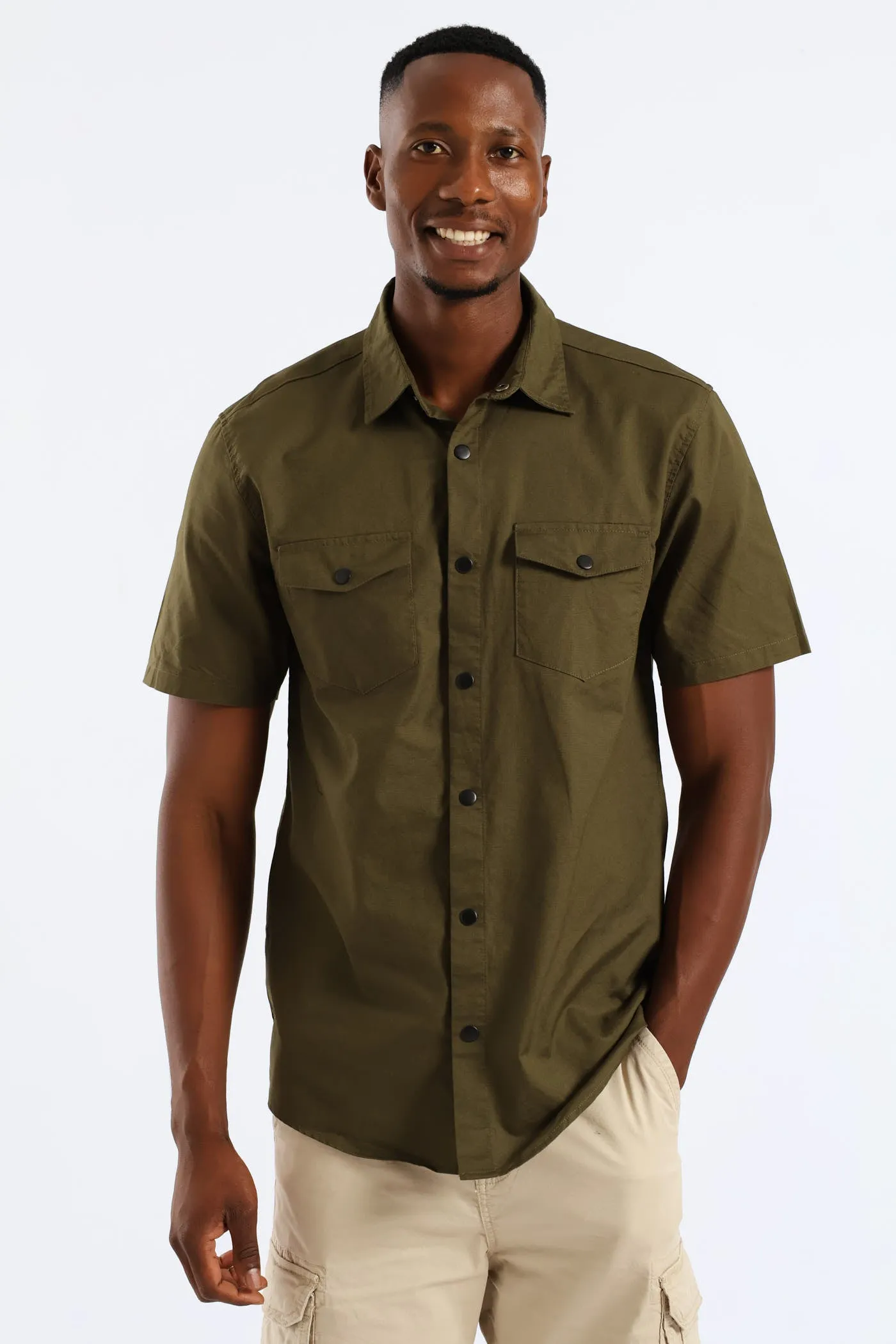 Flap Pocket Washed Oxford Shirt - Olive sold by Edgars