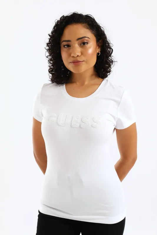 Logo String Pearl Beads Tee - White sold by Edgars