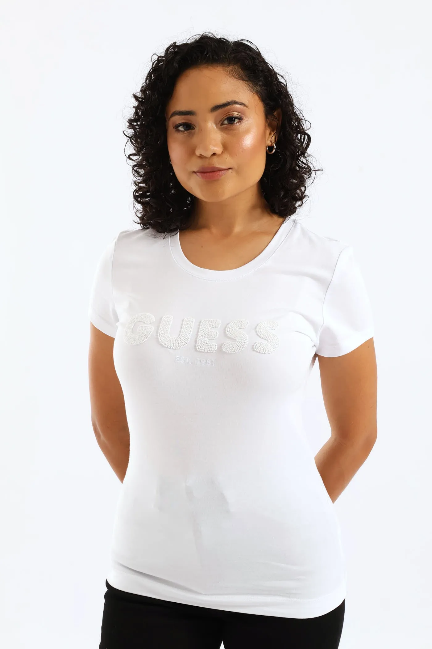 Logo String Pearl Beads Tee - White sold by Edgars