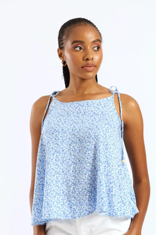 Beaded Shoulder Tie Printed Swing Cami - White/Blue sold by Edgars