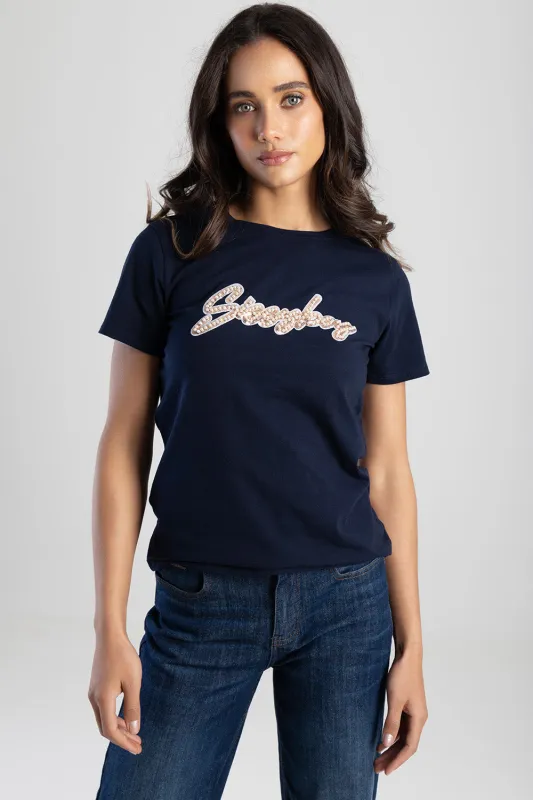 Love & Be Loved Regular Fit Sequin And Pearl Top - Navy sold by Edgars