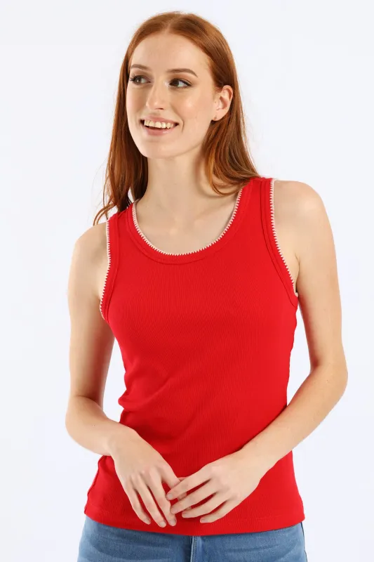 Stitch Edge Detail Rib Tank - Rose Red sold by Edgars