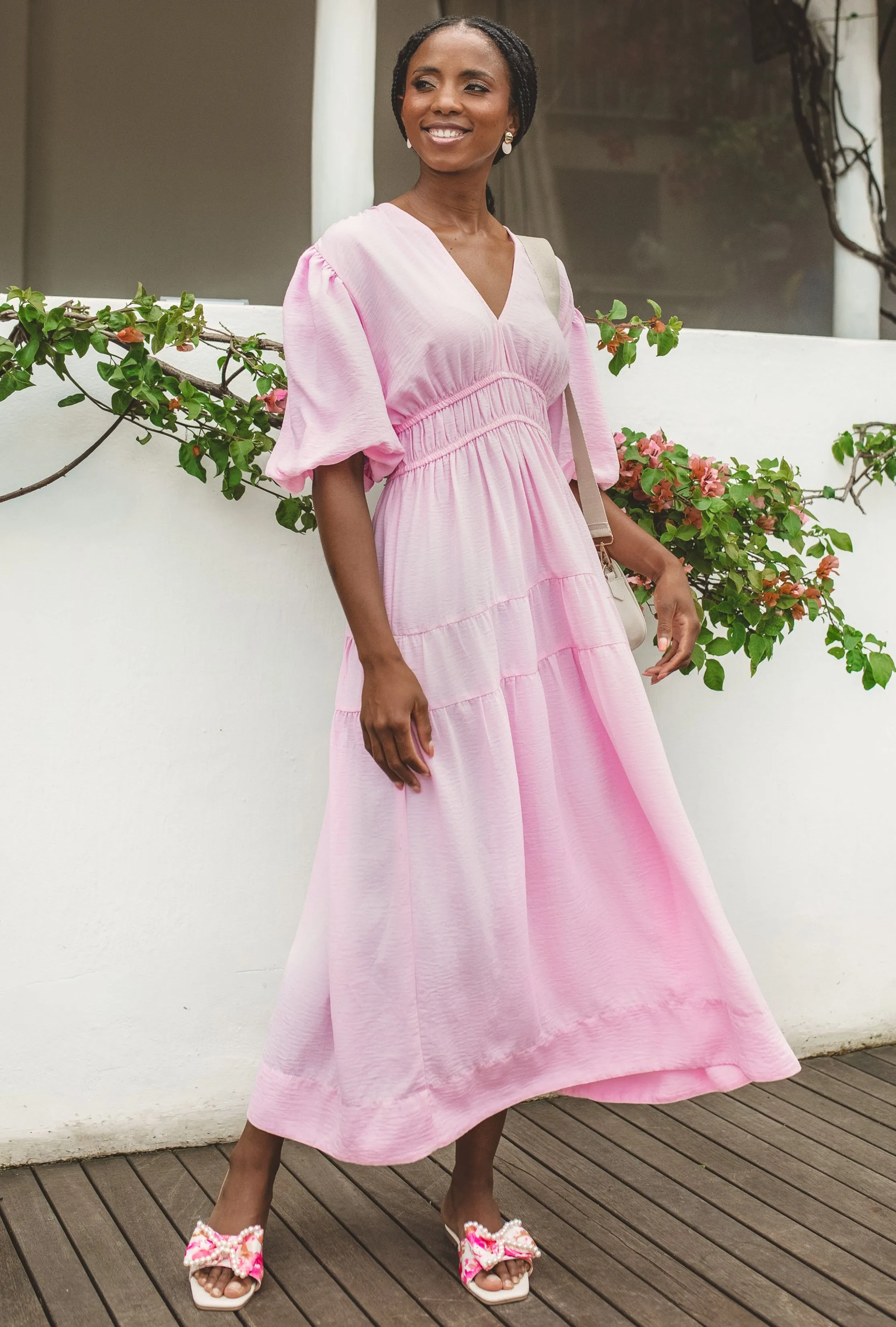 Bubble Sleeve V-Neck Tiered Midaxi Dress - Ice Pink sold by Edgars