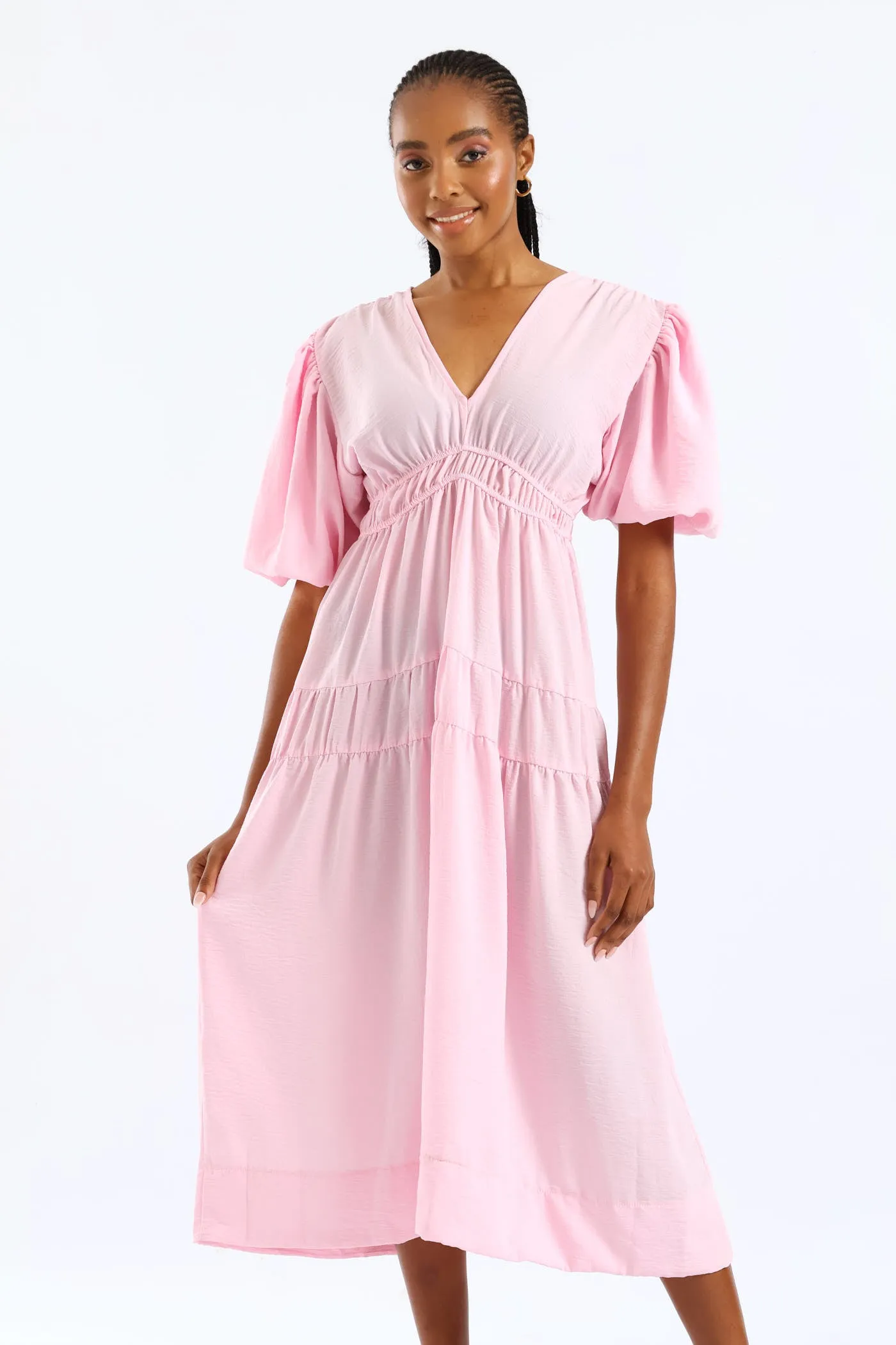 Bubble Sleeve V-Neck Tiered Midaxi Dress - Ice Pink sold by Edgars product image thumbnail 3