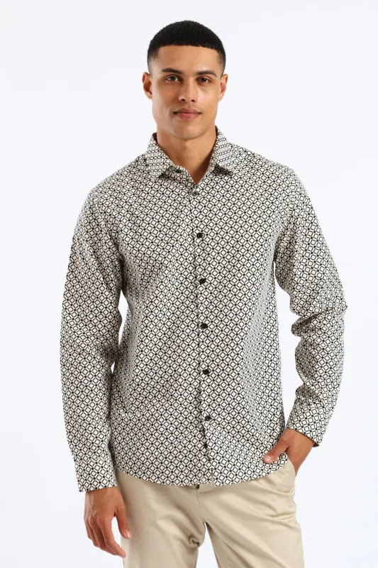 Slim Geometric Square Printed Long Sleeve Shirt - Black/Beige sold by Edgars