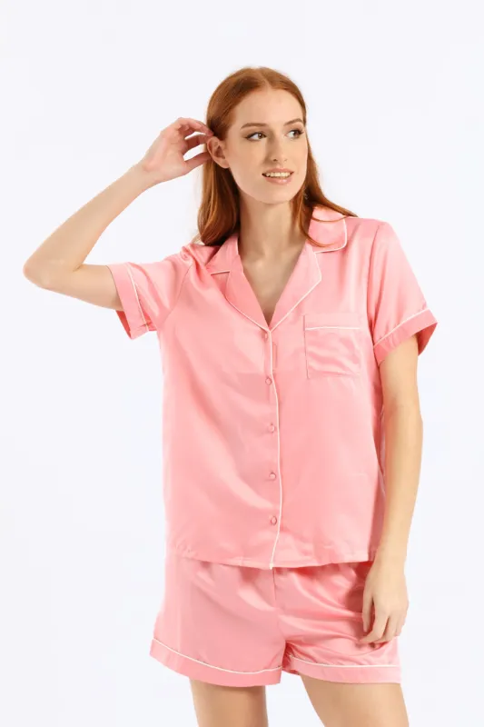 Button Through & Satin Short Set - Salmon sold by Edgars