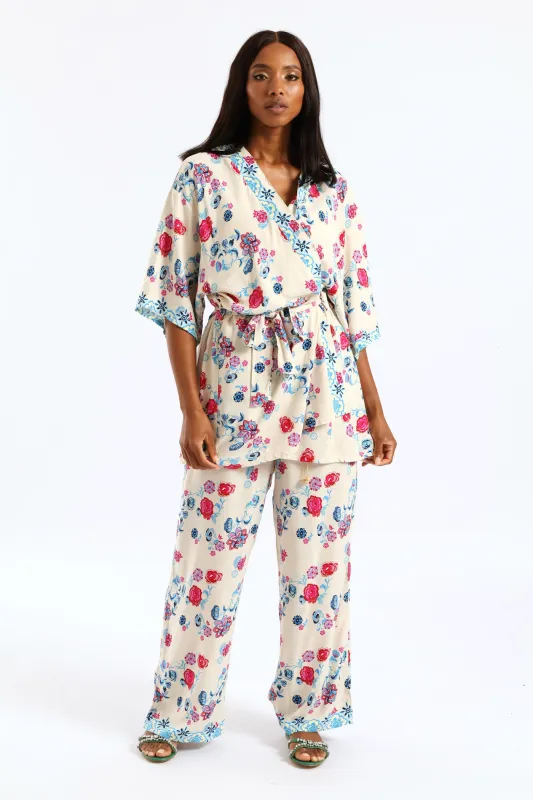 Tropical Floral Border Self Belt Kimono - Pink/Blue sold by Edgars