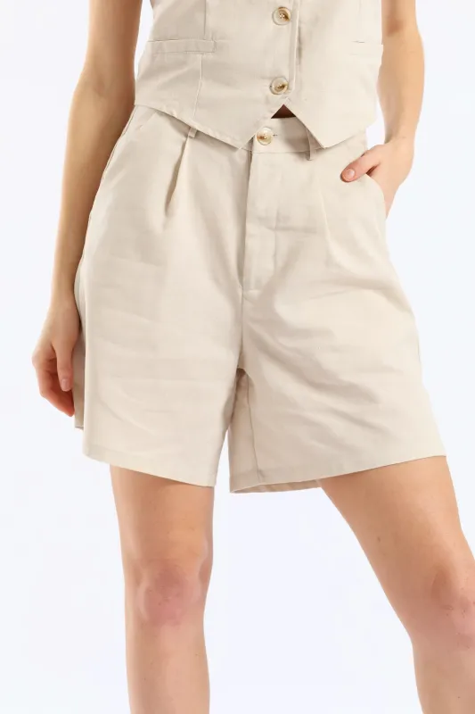 Pintuck Tailored Linen Mid Thigh Shorts - Oatmeal Melange sold by Edgars