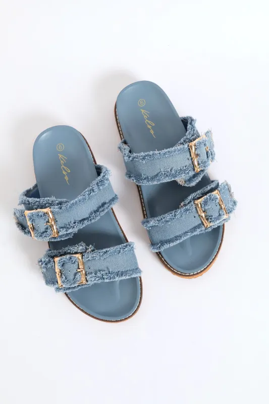 Bamboo Shaped Buckle Fringe Detail Slide Sandal - Denim sold by Edgars