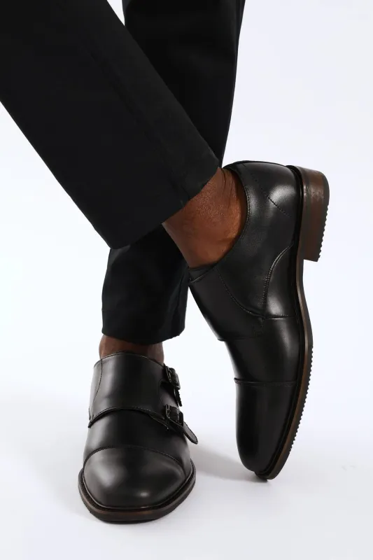 Leather Double Buckle Monk Shoe - Black sold by Edgars