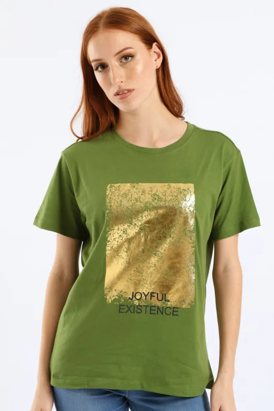 Joyful Existence Foil Square Tee - Deep Chartreuse sold by Edgars