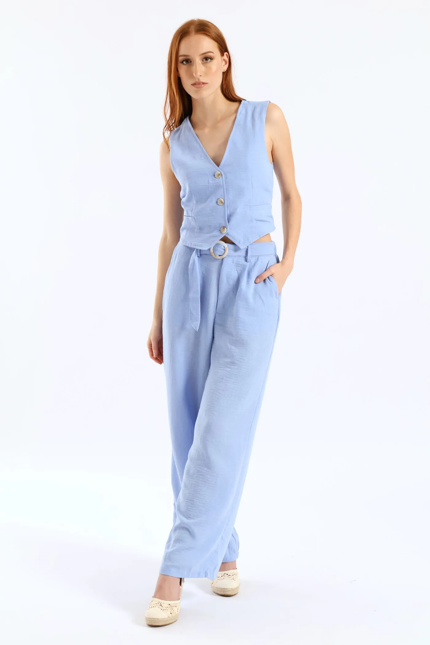 Pinched Seam O-Ring Self Belt Wideleg Pant - Periwinkle sold by Edgars