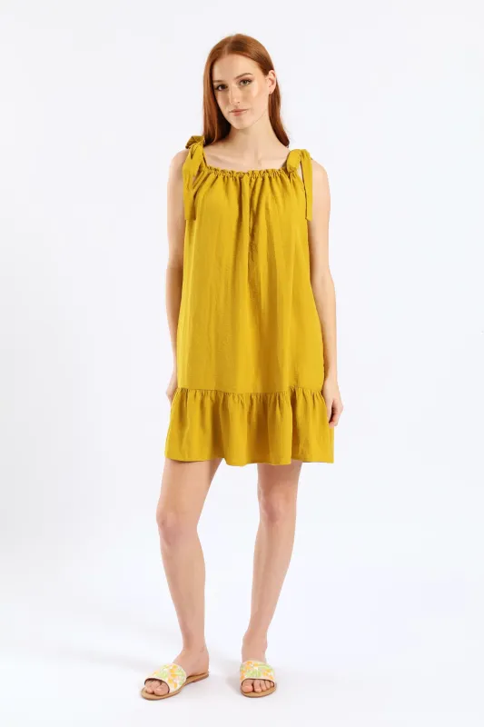 Shoulder Tie Frill Hem Mini Dress - Mustard sold by Edgars