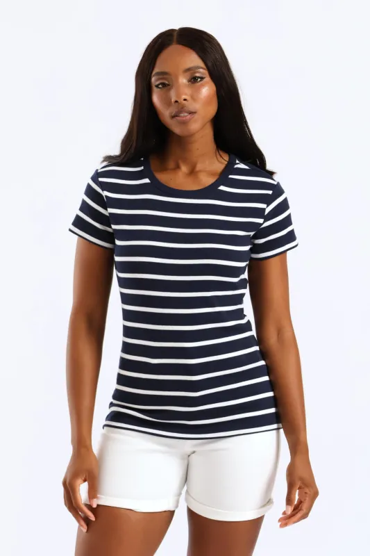 Rib Fitted Stripe Tee - Navy/White sold by Edgars