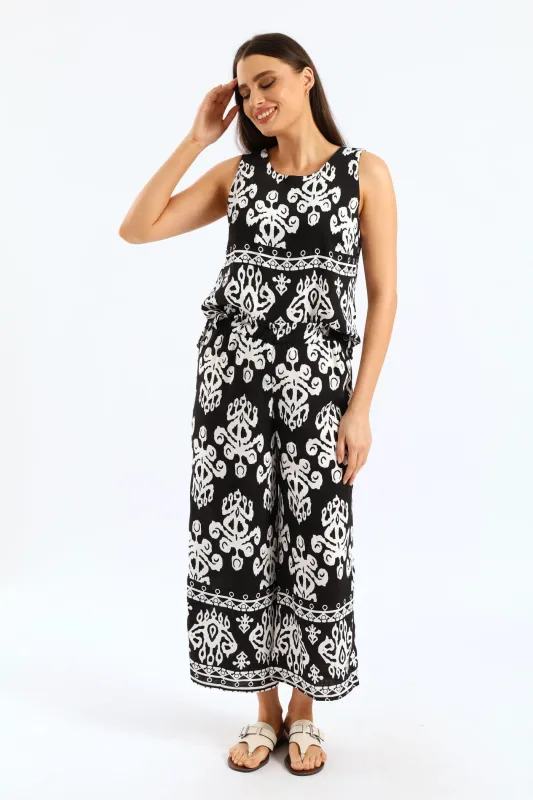 Aztec Border Mock Fly Wideleg Pant - Black/White sold by Edgars