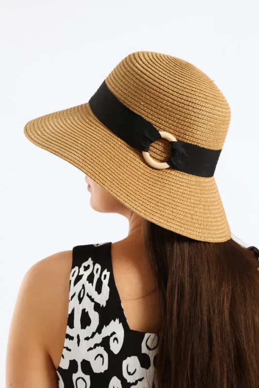Black Ribbon Round Buckle Turned Down Sunhat - Caramel sold by Edgars