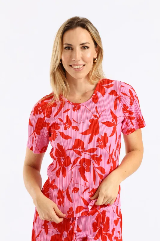 Plisse Two Tone Floral Tee - Red/Pink sold by Edgars