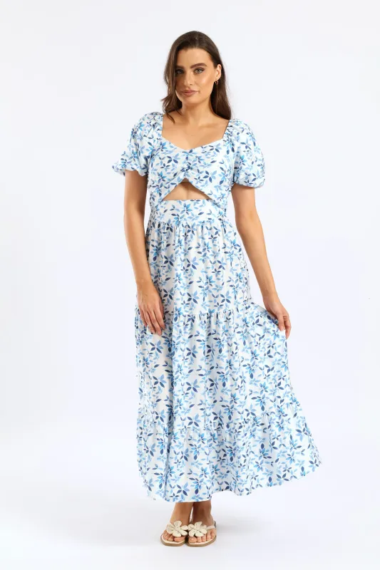 Bubble Sleeve Cut-Out Tiered Maxi Dress - White/Blue sold by Edgars