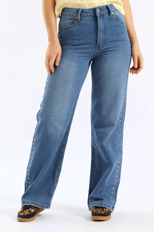 Hi Rise Studded Detail Wide Leg Denim - Mid Wash sold by Edgars
