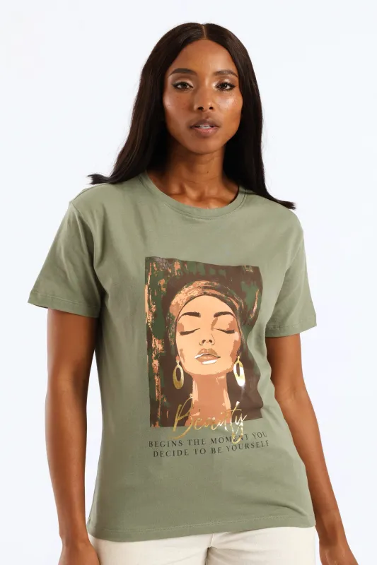 Beautiful Woman Foil Tee - Sage sold by Edgars